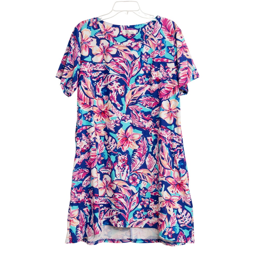 Aryeh XL Bright Tropical Floral Print Tunic Dress Pockets Performance Athleisure